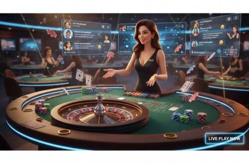 Dealer profesional di kasino live online, meja blackjack dan roulette dengan chip berputar, interaksi pemain secara real-time di 12Hoki