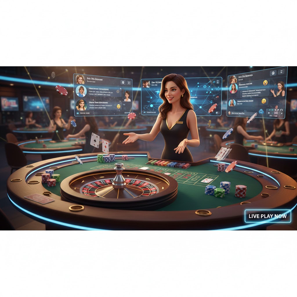 Dealer profesional di kasino live online, meja blackjack dan roulette dengan chip berputar, interaksi pemain secara real-time di 12Hoki