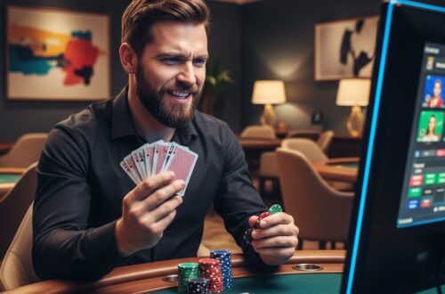Pemain poker pemula fokus di meja dengan kartu dan chip, suasana tegang, menunggu giliran taruhan, platform Dewiku88 Login
