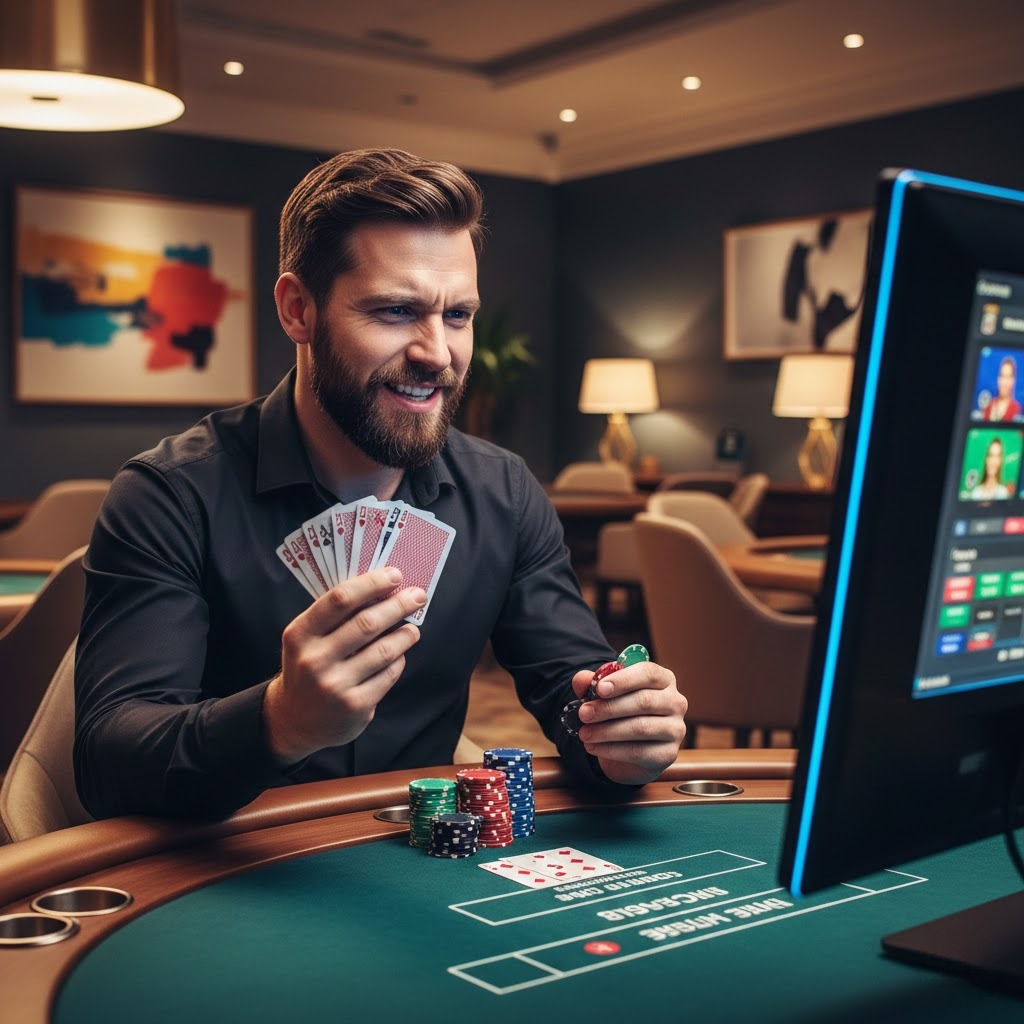 Pemain poker pemula fokus di meja dengan kartu dan chip, suasana tegang, menunggu giliran taruhan, platform Dewiku88 Login