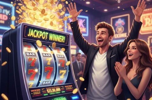 Pemain slot online merayakan jackpot besar dengan free spin di dewiku88, koin emas bersinar di sekelilingnya.