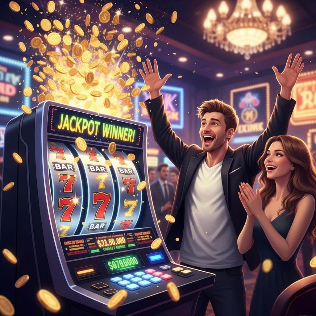 Pemain slot online merayakan jackpot besar dengan free spin di dewiku88, koin emas bersinar di sekelilingnya.