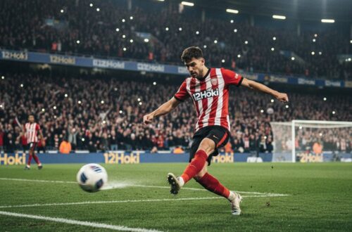 Gol tercepat Liga 2026 dengan pemain menendang bola cepat di stadion penuh penonton