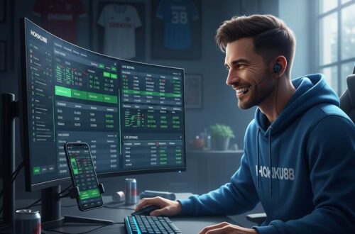 Pemain menganalisis sport games online di Hokiku88, menampilkan taruhan sepak bola, bola basket, dan eSports dengan odds tinggi dan grafik statistik profesional.